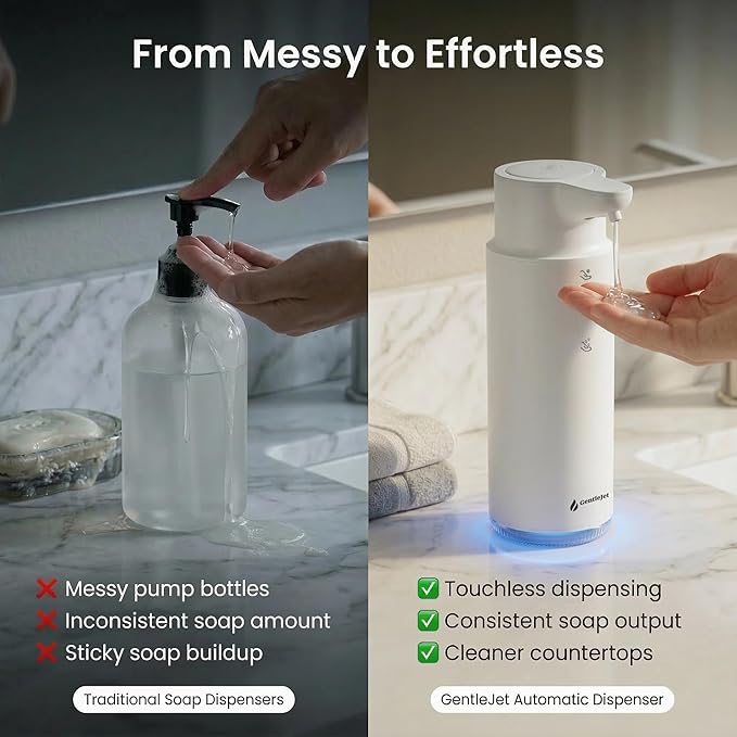 GentleJet CrystalJet Automatic Liquid Soap Dispenser Touchless Sensor, Stainless Steel, USB-C Rechargeable, Waterproof Kitchen & Bathroom Countertop Soap Dispenser, 300 ml