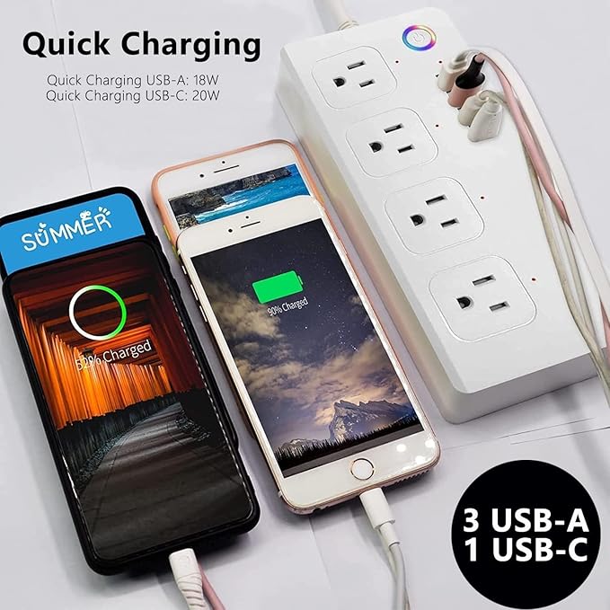 XENON Smart Plug Power Strip，Surge Protector with 4 Individually Controlled Smart Outlets, Voice Control,4 USBs (incl. 20W USB-C), Compatible with Alexa and Google Home,5Ft Extension Cord