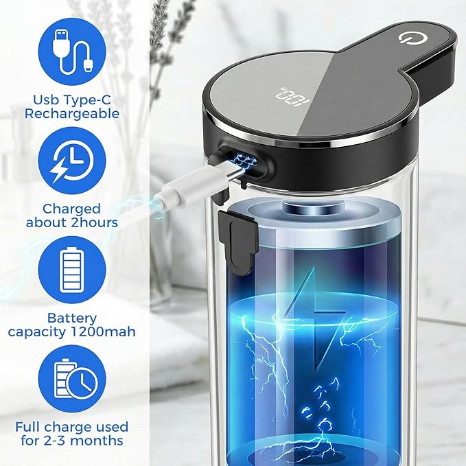 Automatic Foaming Soap Dispenser Touchless, Stainless Steel Hand Soap Dispenser, USB Rechargeable, 4 Adjustable Levels, 11.8oz/350ml for Kitchen and Bathroom (Stainless Steel Black, Foam)