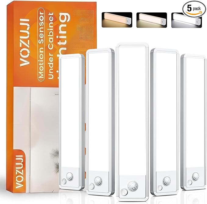Under Cabinet Lighting: 8 Inch 3-Color Dimmable Rechargeable Motion Sensor Lights Indoor - Battery Operated Lights - Closet Light Magnetic Led Light for Kitchen Home Bathroom Counter 5 Pack