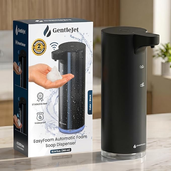 GentleJet EasyFoam Automatic Foaming Soap Dispenser, Touchless USB-C Rechargeable Sensor Pump, 304 Stainless Steel, Adjustable Foam, IPX5 Water-Resistant for Bathroom & Kitchen, 10 fl oz / 300 mL