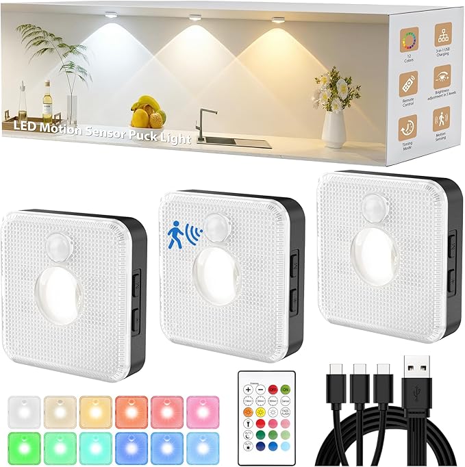 GBEAST 3 Pack Under Cabinet Lighting, Rechargeable Puck Lights with Remote, 3 Color Temps & 9 RGB Motion Sensor Cabinet Light, Magnetic Stick on Dimmable Closet Light for Kitchen Shelf Bedroom(Black)