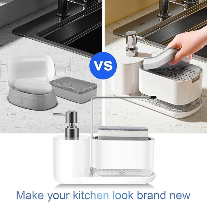 Dish Soap Dispenser Set 4-in-1 Soap Dispenser for Kitchen Sink with Detachable Sponge Included Dish Liquid Dispenser, Bathroom Soap Dispenser, White