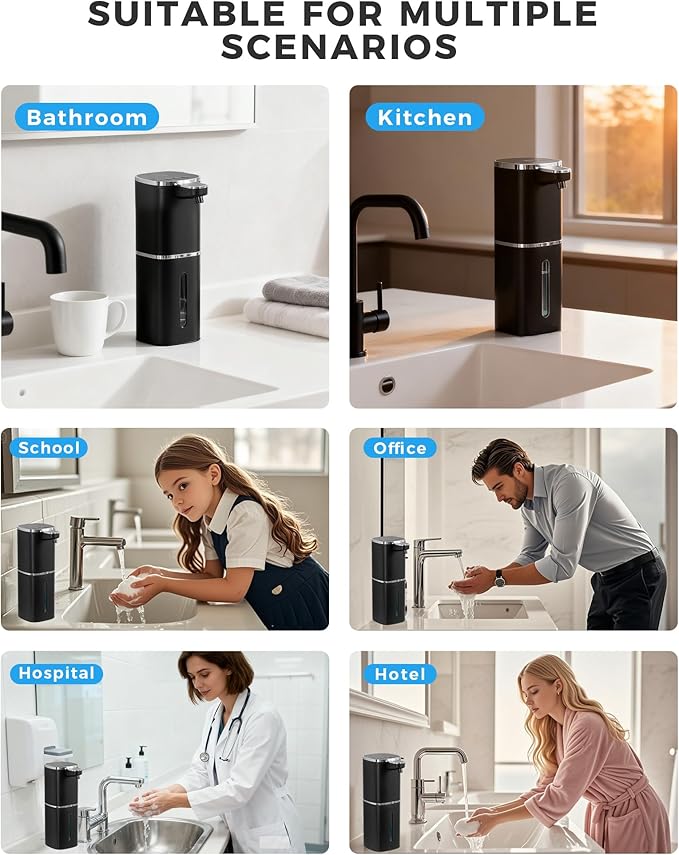 Automatic Liquid Soap Dispenser, 13.5oz/400mL, USB Rechargeable, 9-Level Adjustable, IPX5 Waterproof, Touchless & Wall/Tabletop, Compatible with Thick Thin Dish Soap for Kitchen Bathroom, Black