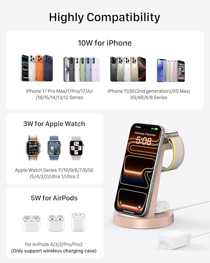 Anlmz 3 in 1 Charging Station for iPhone, Wireless Charger for iPhone 17 16e 16 15 14 13 12 11 X Pro Max & Apple Watch - Charging Stand Dock for AirPods (Rose)