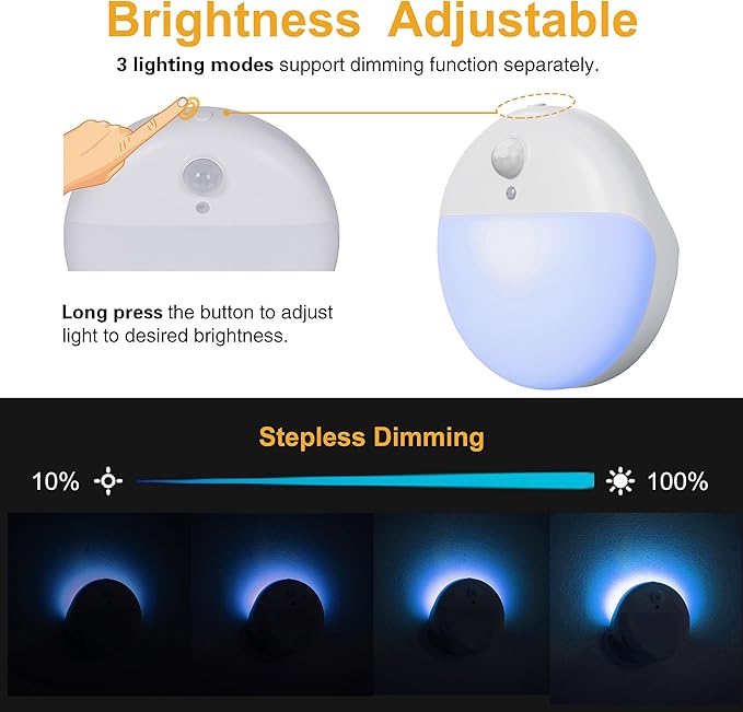 YUNLEX 2 Pack Azure Battery Night Light, Motion Activated Night Light, 2.6" Small Sticky Lights, 3 Light Modes, Dimmable Battery Operated Lights for Travel, Toilet, Bathroom, Closet, Stairs,Corridor