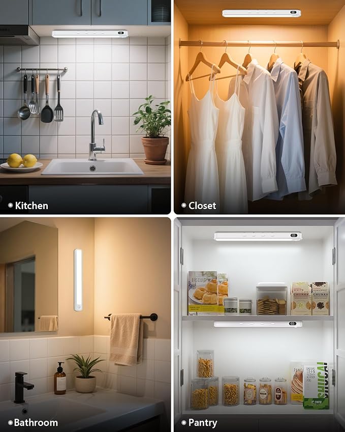 WILLED Under Cabinet & Closet Lights, Motion Sensor, Rechargeable, Magnetic, 3 Color Temps, Dimmable LED Light Bar for Indoor Kitchen Counter (2 Pack, White)