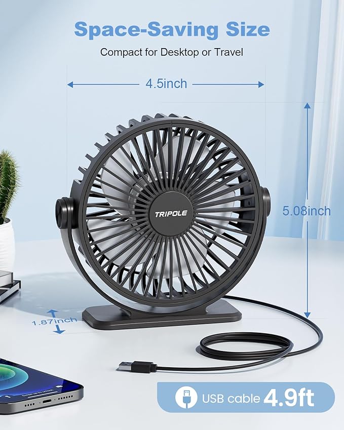 TriPole Desk Fan USB Powered Small Portable Fan, 3 Speeds Adjustable Strong Breeze Mini Personal Fans, 360° Rotation Quiet Plug In USB Fans for Desktop Bedroom Office Table Travel, Black, 4.9ft Cable