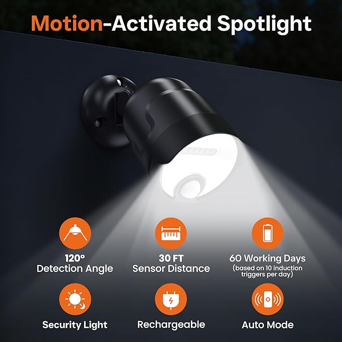 Battery Operated Motion Sensor Light Outdoor, 4000mAh Rechargeable 600 Lumen Battery Powered Spotlight Outdoor Waterproof for Porch, Garage, House (Black)