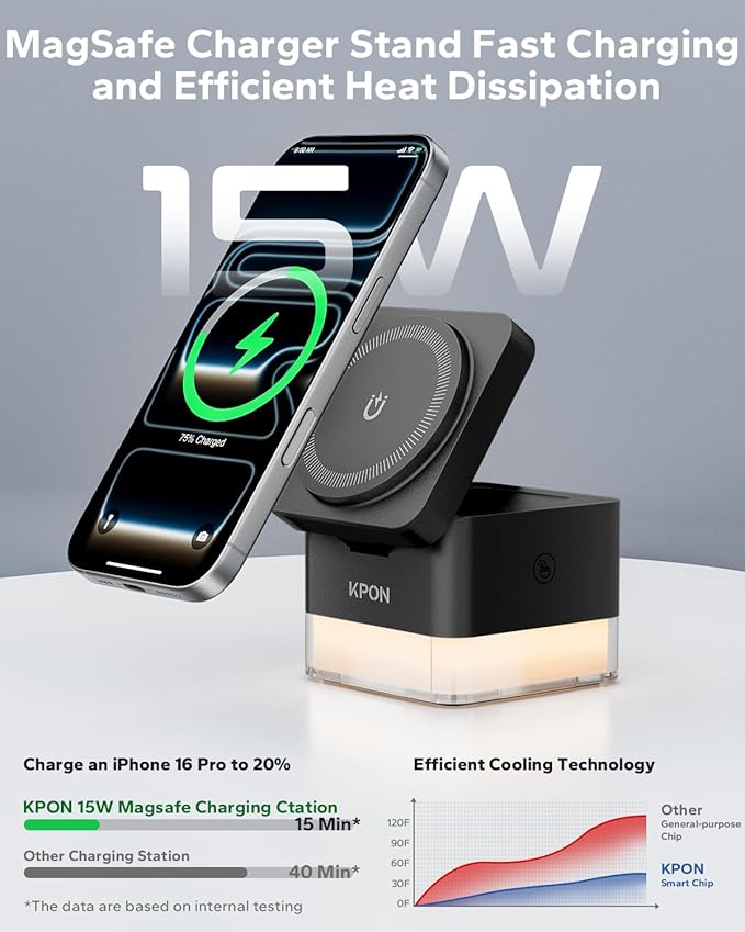 KPON 3 in 1 MagSafe-Compatible Charging Station for Apple, Nightstand Fast Wireless Charger, Foldable Cube, Charging Stand with Night Light, for iPhone 17/16/15/14/13/12, Apple Watch/AirPods, Black