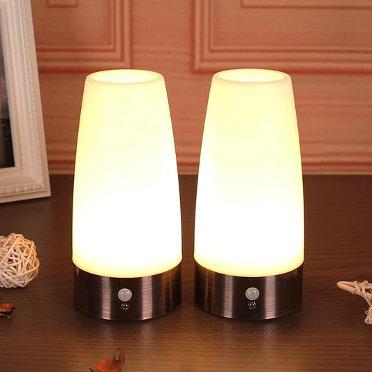 WRalwaysLX 2Pack Round Bedside Lamp PIR Motion Sensor LED Night Light,3 Modes Battery Powered Small Table Lamp,USE 3x1.5VAAA Battery,Sensitive Portable
