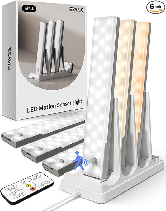 EZVALO 6-Pack Under Cabinet Lighting with Charging Station, 2000mAh Rechargeable Wireless Motion Sensor Lights, 3 Color Temps, Dimmable, Timer, Magnetic, with Remote Control for Kitchen, Closet, Stair