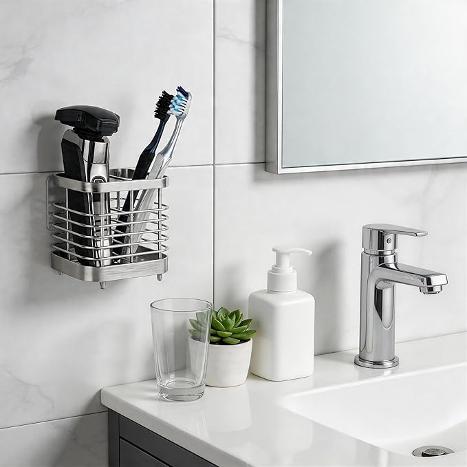 2 Slots Wall Mount Toothbrush Holder for Bathroom, Stainless Steel Toothbrush and Toothpaste Holder Organizer, Electric Toothbrush Holder Self Adhesive Wallmount/Countertop Organizer(Silver)