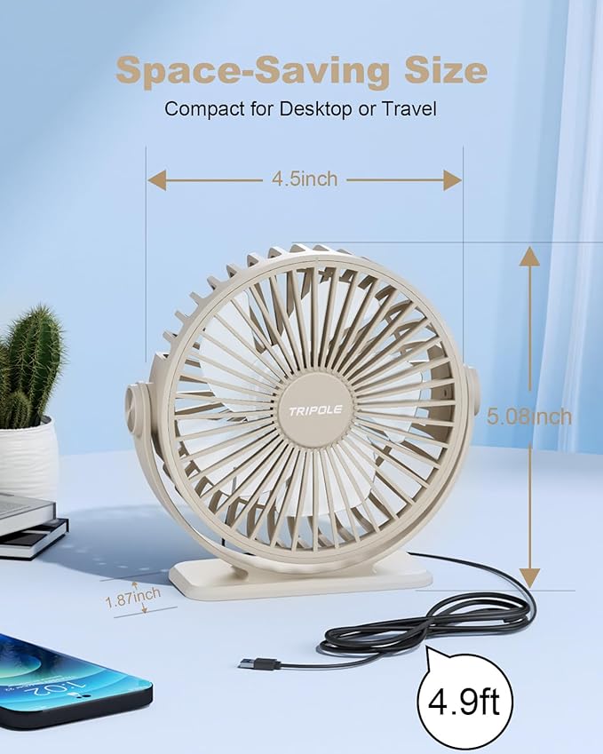 TriPole USB Desk Fan Small Portable Personal Fan, 3 Speeds Adjustable Strong Breeze Mini Electric Fan, 360° Rotation Quiet Plug In USB Fan for Desktop Bedroom Office Table Travel Cruise, Beige, 4.5in