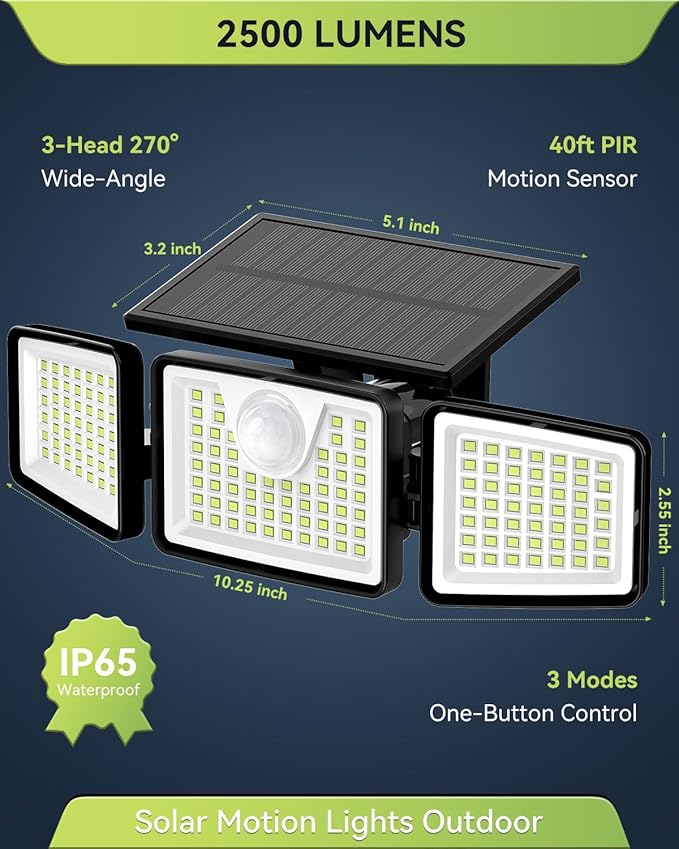 daphino 2500LM Solar Lights Outdoor with Motion Sensor,3 Head 270° Wide Angle Street Area Lights,IP65 Waterproof Security Lighting with 3 Modes(Non-Remote,1 Pcs)