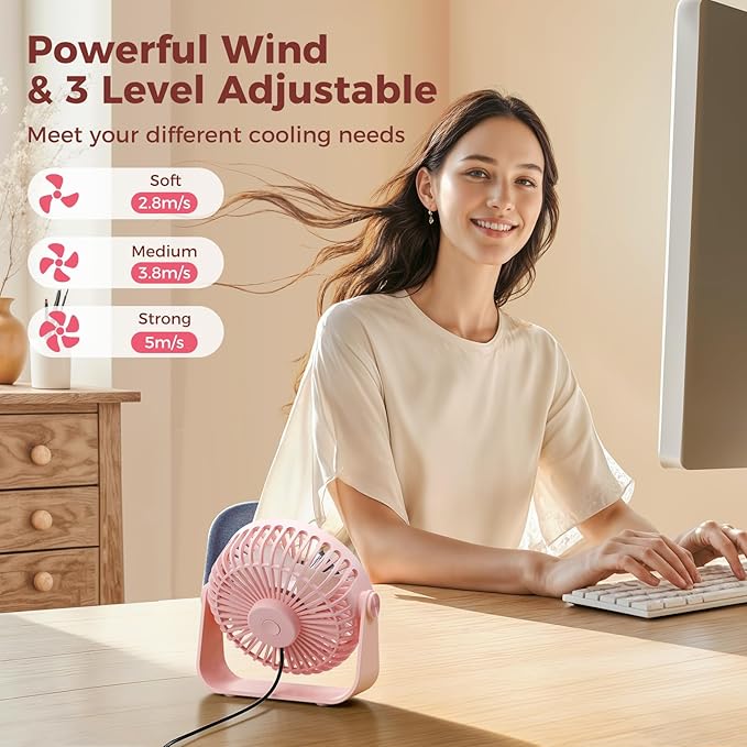 TriPole USB Desk Fan Portable Mini Fan Powerful 3 Speeds Wind Personal Desktop Fan with 360° Head Rotation for Home Office Car Indoor Outdoor Pink, No Battery, 4.5 Inches