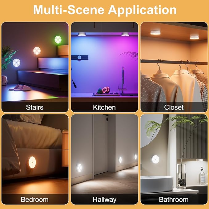 HOMEBEST RGB Puck Lights with Remote & Motion Sensor – 1500mAh Rechargeable Under Cabinet Lighting for Kitchen, Closet & Stairs – 13 Colors, Magnetic Stick-On Lights, 4 Pack