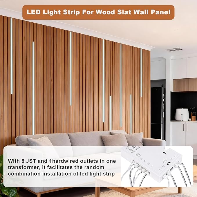 Under Cabinet Led Light Strip kit,2 Roll x 16.4ft Cuttable 6500K COB,Diffused Power with 8 JST & 2 Hardwired Outlets,Touch Sensor for Gun Safe Case,Book Shelf,Floating Shelf,Slat Wall Panel