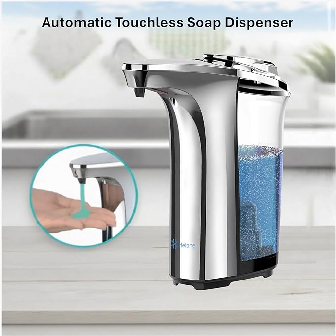 Automatic Soap Dispenser Touchless - Battery Operated Sensor Liquid Soap Pump for Kitchen Sink & Bathroom - Silver Glossy Color, 5 Adjustable Levels, IPX4 Waterproof, 17oz / 500ml