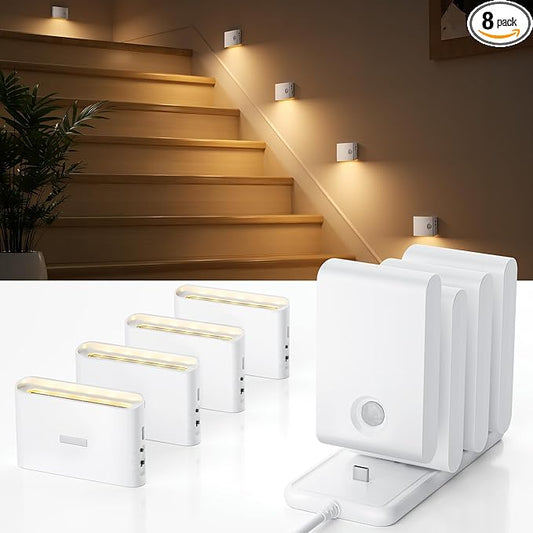 EZVALO Motion Sensor Stair Lights Indoor, Rechargeable Night Lights with Magnetic & Dimmable, Auto On/Off 3000K Soft White, Stick-On for Stairs, Hallway, Bathroom (8 Pack with Charging Station)