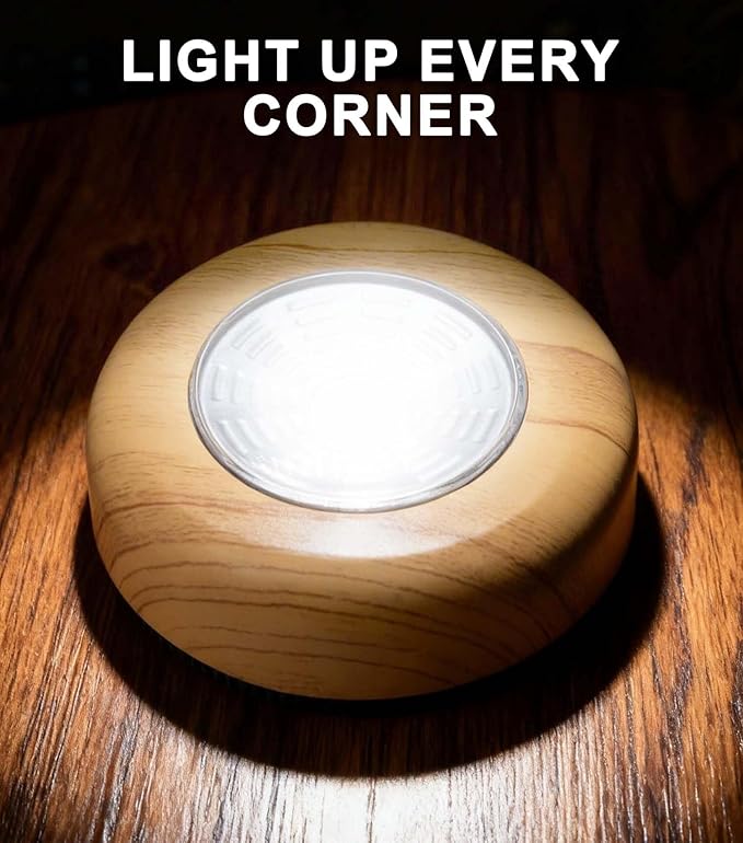Wood Grain LED Puck Light, 6 Pack Wireless Tap Light Battery Operated, 6000K Daylight White Push Light for Under Cabinet, Closet, Wardrobe, Shelf