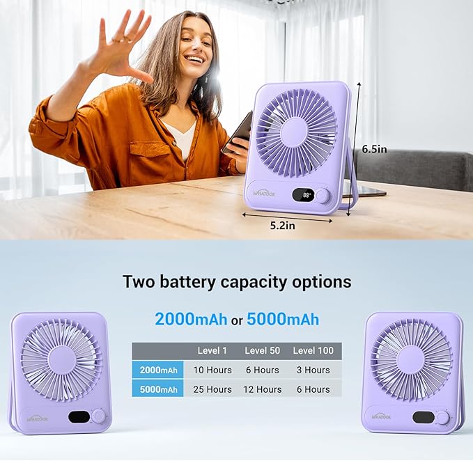 WHATOOK Small Desk Fan Personal Fans: 5000mah 25 Hours Battery Office Quiet Mini Desktop Fan Portable Rechargeable Travel Essentials (Purple, 5000 mAh)