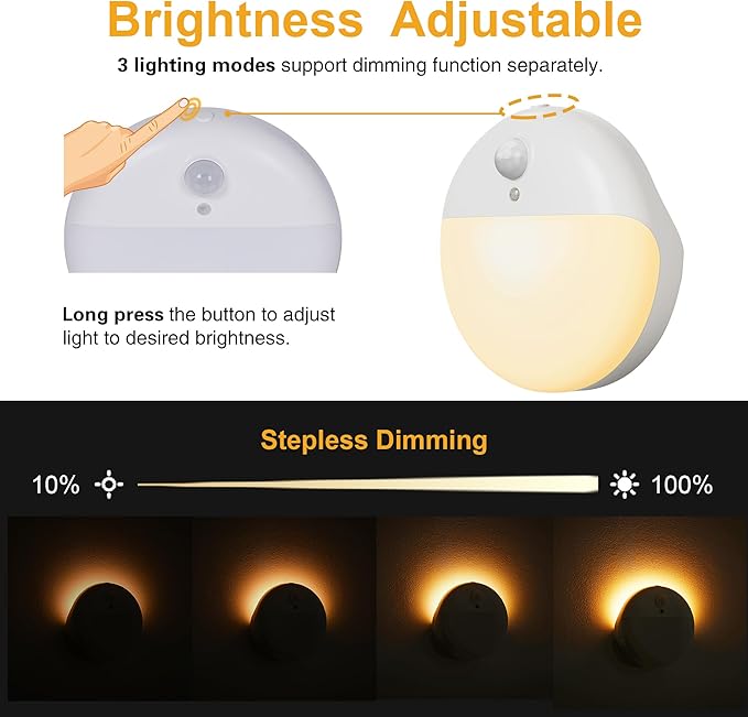 YUNLEX 2 Pack Toliet Lights, 2.6" Small Motion Sensor Battery Night Light, Dimmable LED Nightlight, 3 Light Modes, Stick on Lights for Bathroom, Travel, Stairs, Cabinet, Bedroom, Kids, Warm Yellow