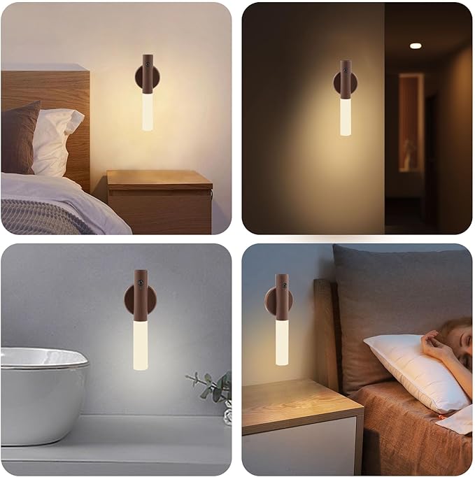 LANDGOO LED Motion Sensor Lights, Set of 2 Battery Operated Stick on Wall Sconces, Rechargeable Lighting for Hallway Stairway, Magnetic 360° Rotation for Indoor Lamps (Black Walnut Wood 2PCS)