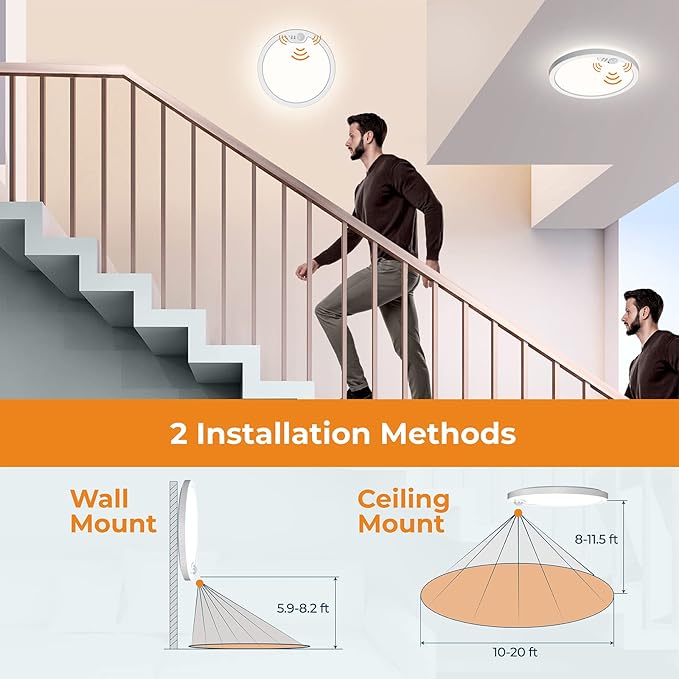 BLNAN 2Pack Motion Sensor LED Ceiling Light, 12 Inch Wired Flush Mount Ceiling Light 3000K 4000K 5000K, Motion Activated Light with Timer for Hallway Stair Walk-in Closet, Non-Dimmable