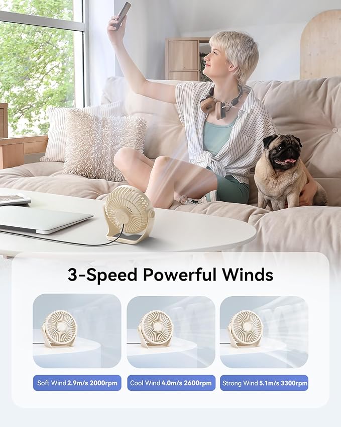 Edvision USB Desk Fan, 5 Inch Small Portable, 3 Speeds Powerful Wind Mini Personal Desktop Fan 360° Rotation Adjustable, Plug In USB Fan Quiet for Table Home Office Travel Car(Beige)