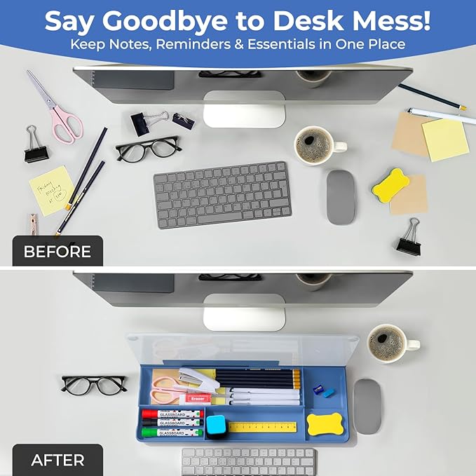 Chalkola Blue Glass Desktop Whiteboard with Storage - Dry Erase Board, Work Desk Organizers, Computer Keyboard Stand, Home Office Desk Accessories, Workspace Desktop Buddy