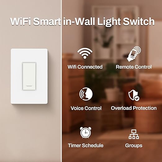 BN-LINK Smart Light Switch with Timer Function, Single Pole, 2.4GHz Wi-Fi in-Wall Switch, Neutral Wire Required, Compatible with Alexa and Google Assistant, No Hub Required, White(4 Pack)
