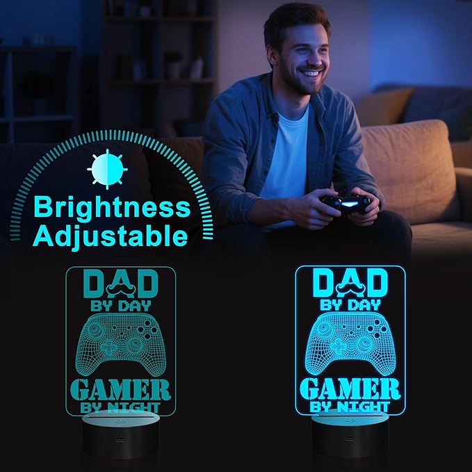 YuanDian Gamer Gifts for Dad, Dad by Day Gamer by Night Funny 3D Illusion Lamp 16 Colors Changing Touch & Remote Control, Desk Decor Gift for Birthday, Christmas, Father’s Day