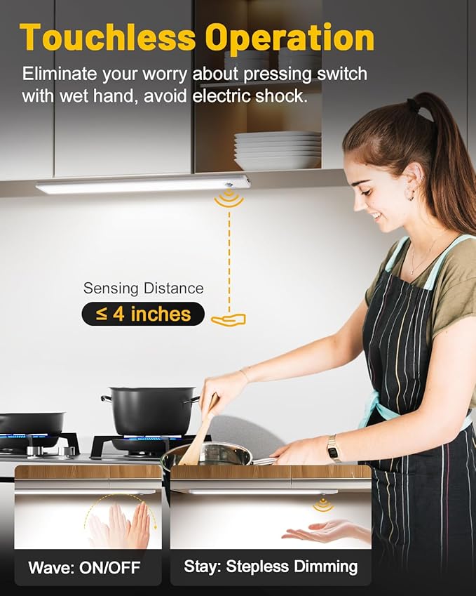 Pak 16 Inch Under Cabinet Lights, Hand Wave Sensor 83 LED Indoor Cabinet Lighting, USB Rechargeable Wireless Closet Light, Stepless Dimming Under Counter Light for Kitchen, Shelves, Bedroom, 2 Pack