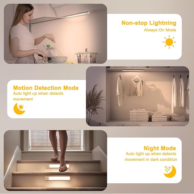 Onforu 13.8" Under Cabinet Lighting, 2700mAh USB-C Rechargeable, Motion Sensor Under Cabinet Lights with 3 Color & Dimmable, Magnetic Under Counter Lights for Kitchen, Closet, 6 Pack