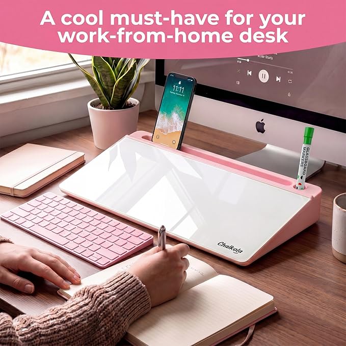 Chalkola Pink Glass Desktop Whiteboard with Storage - Dry Erase Board, Work Desk Organizers, Computer Keyboard Stand, Home Office Desk Accessories, Workspace Desktop Buddy