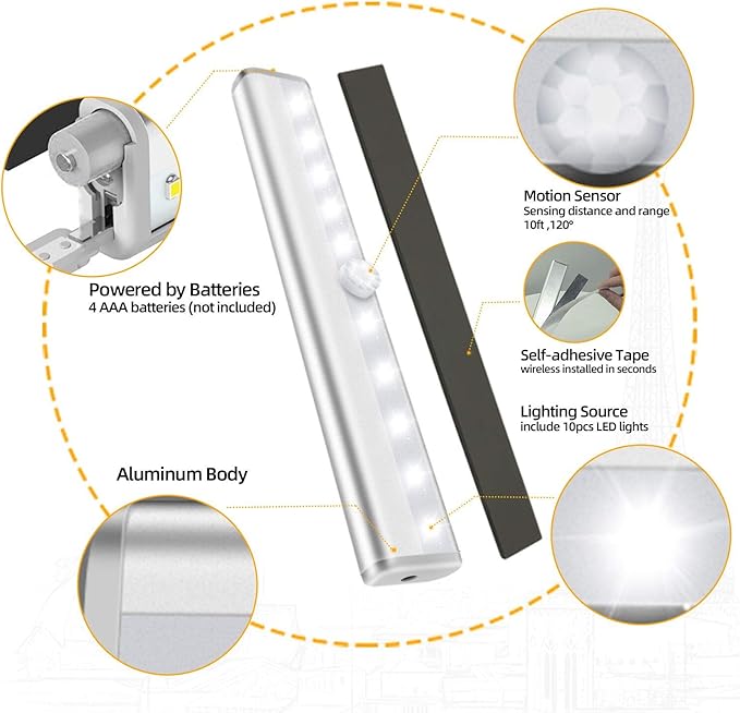 6 Pack Motion Sensor Lights, 10 LED Closet Battery Operated Lights, Stick-On Anywhere Magnetic Night Light Bar, Led Safe Light Indoor for Closet Stairs Wardrobe Under Cabinet