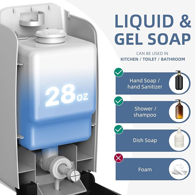 Soap Dispenser Wall Mount Adhesive Commercial Soap Dispenser 800ml No Drill Hand Sanitizer Dispenser for Bathroom Support Liquid and Gel,Black-PN9088