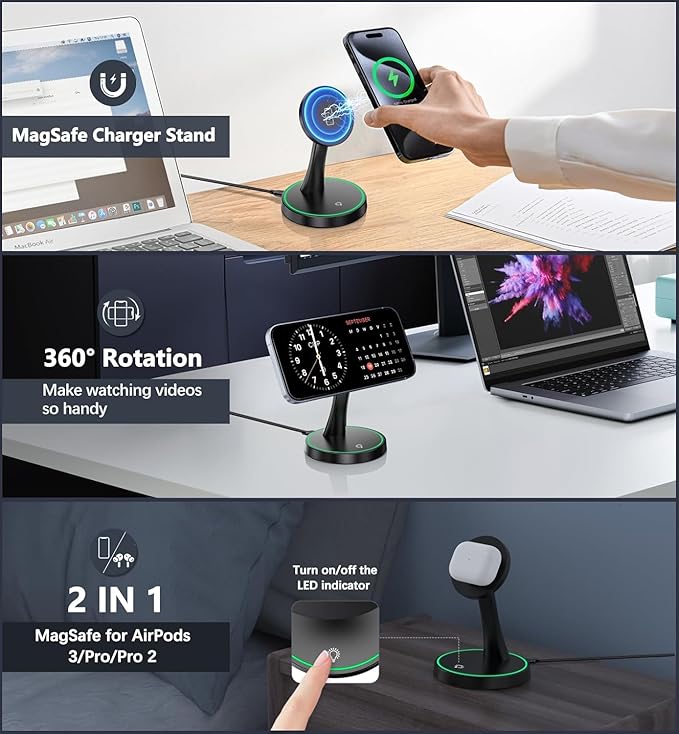 2 Pack Magnetic Wireless Charger Stand 15W Fast Mag-Safe Charger for iPhone iPhone 17 /17 pro/ 17 Air/ 17 pro max 16/15/14/13/12 Series Magnet Wireless Charging Station with Light for AirPods