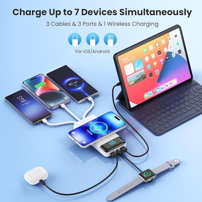 YHO Wireless Portable Charger 40800mAh for iPhone with Built-in Cables, 15W Wireless Charging USB C Power Bank,25W PD Fast Charging Travel Essential Battery Pack for iPhone 17/16/15,Android-White