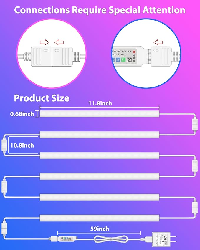 ASOKO 300 Lumens RGB Under Cabinet Led Light Plug in, 6 Pack 12 inch Linkable Under Counter Lights, Music Sync RGB LED Strip Lights with APP & Remote Control, Ambient Lights for Room Decor