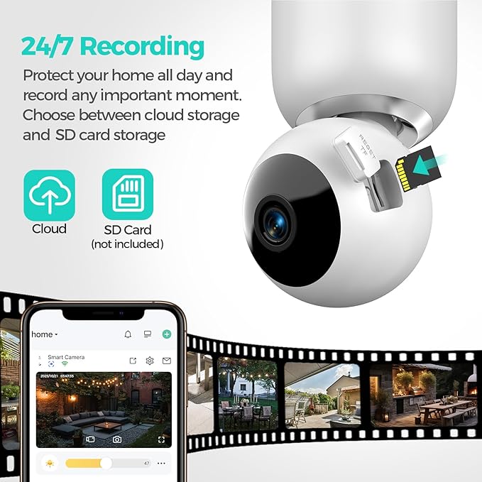 2K Light Bulb Security Cameras Outdoor Indoor - 355° Manual Pan / 110° Tilt Light Bulb Camera Wireless for Home Security with Color Night Vision, Motion Detection, SD/Cloud Storage, 2-Way Audio, Siren