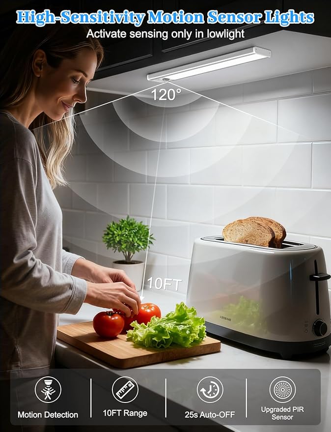 10in Under Cabinet Lighting with Charging Station, 2200mAh Rechargeable Wireless Motion Sensor Lights Indoor,Closet Lights with 3 Color Tempers, Battery Operated Cabinet Lights for Kitchen, 6-Pack