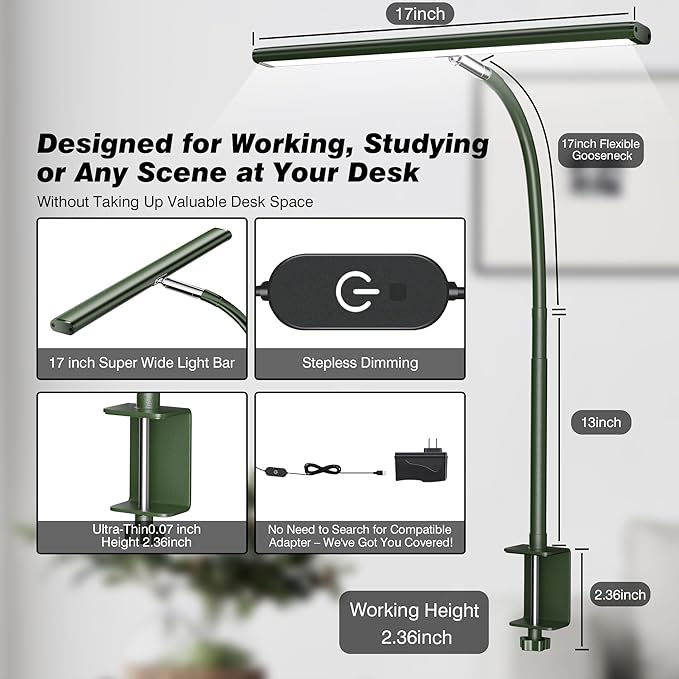 Airlonv LED Desk Lamp for Office Home, Eye-Caring Desk Light with Stepless Dimming Adjustable Flexible Gooseneck, 10W USB Adapter Desk Lamp with Clamp for Reading, Study, Workbench (Green)