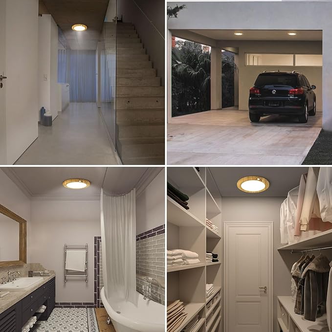 Battery Operated LED Celling Lights Fixture with Auto Motion Sensor, Smart Body Sensor Ceiling-Mounted Lamps with 3 Colors/Brightness, Motion Detection Magnetic Celling Lights for Closet Shower-Wood