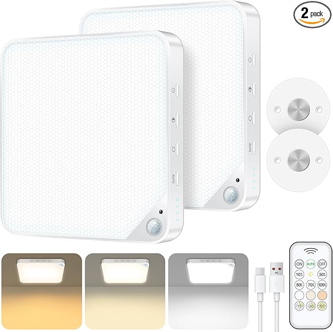 Rechargeable 6W Motion Sensor Ceiling Light Indoor, Wireless Magnetic Stick on Closet Light, Remote Control for Color & Brightness, Battery Operated Light for Shower, Bathroom, Pantry, Hallway, 2-Pack
