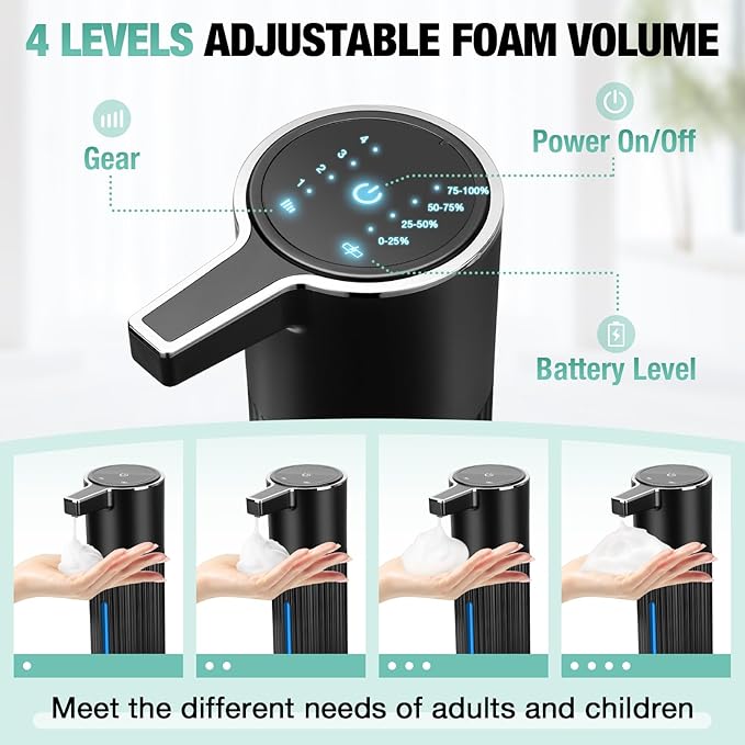 2 Pack Automatic Soap Dispenser: 14oz Plastic - Foaming Touchless 4 Level Adjustable Wall Mount Foam Black Rechargeable Electric Auto Smart Soap Dispenser Set - Bathroom Kitchen Hand Dish Lotion