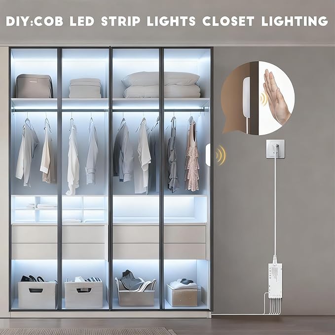 12V COB LED Strip Lights Kit,3.3Ft 6-in-1 Self-Adhesive LED Under Cabinet Lighting with 36W Adapter Dimmable Touch Switch for Acoustic Panel, Display Cabinets, Wardrobes,Cabinets, Showcase Lighting