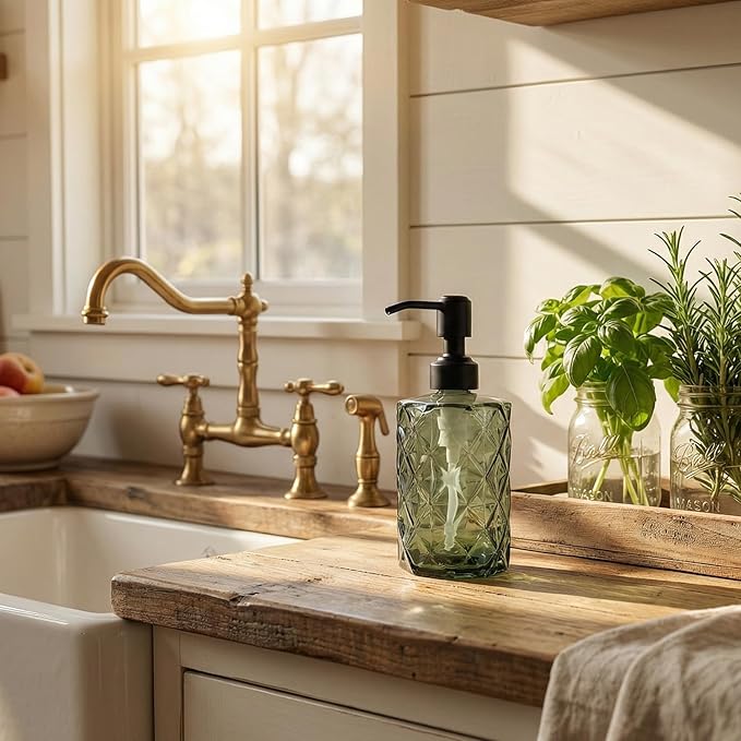 JASAI Forest Green Glass Soap Dispenser with Black Rustproof Pump, Refillable Small Soap Dispenser for Kitchen and Bathroom.