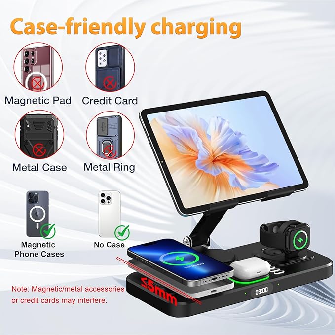 30W Charging Station for Apple Products, Foldable Wireless Charger with Clock Display&7 Color Light, Wired Charging for iPad/Tablet Charging Station for iPhone17, for Apple Watch11 for AirPods4(Black